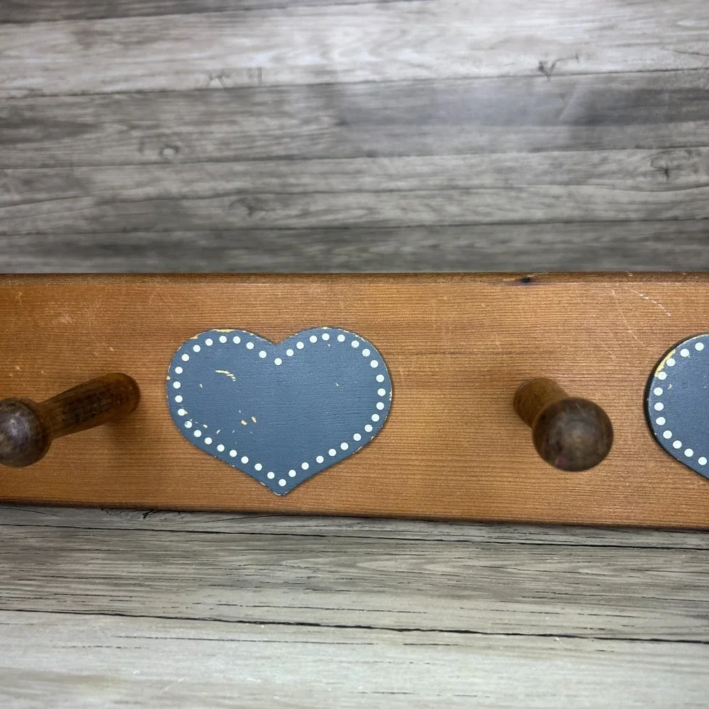 Vintage Wood Blue Heart Peg‎ Wall Hanging Country Cottage Decor Rack